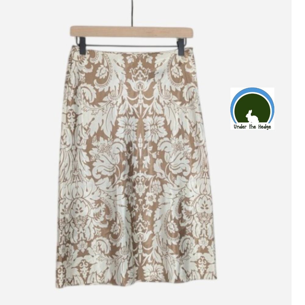Y2K New York & Company Cream Beige Damask Satin Skirt Size 2 Elevated Chic